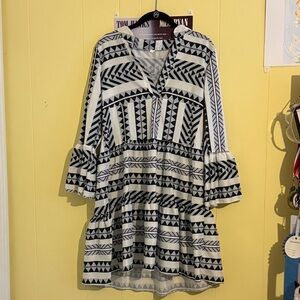 Black and White Tribal Print Tiered Tunic Dress